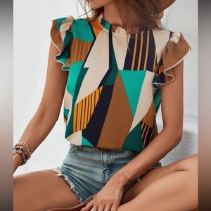 Geometric Print Ruffle Sleeve Blouse in Teal & Brown